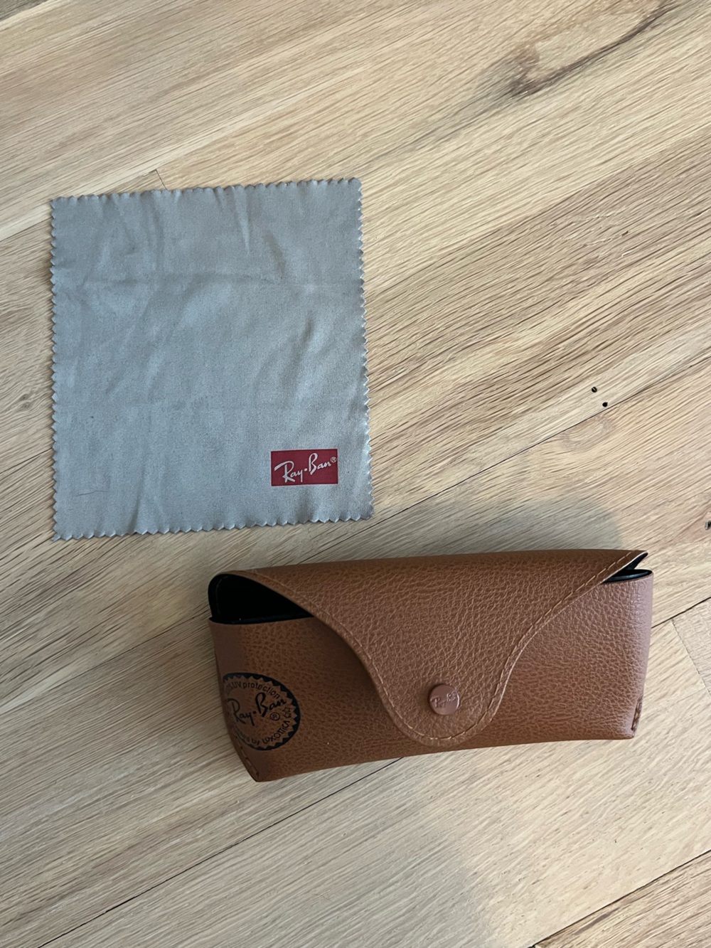 Ray-Ban Brown Leather Sunglasses Case with Gray Microfiber Cloth